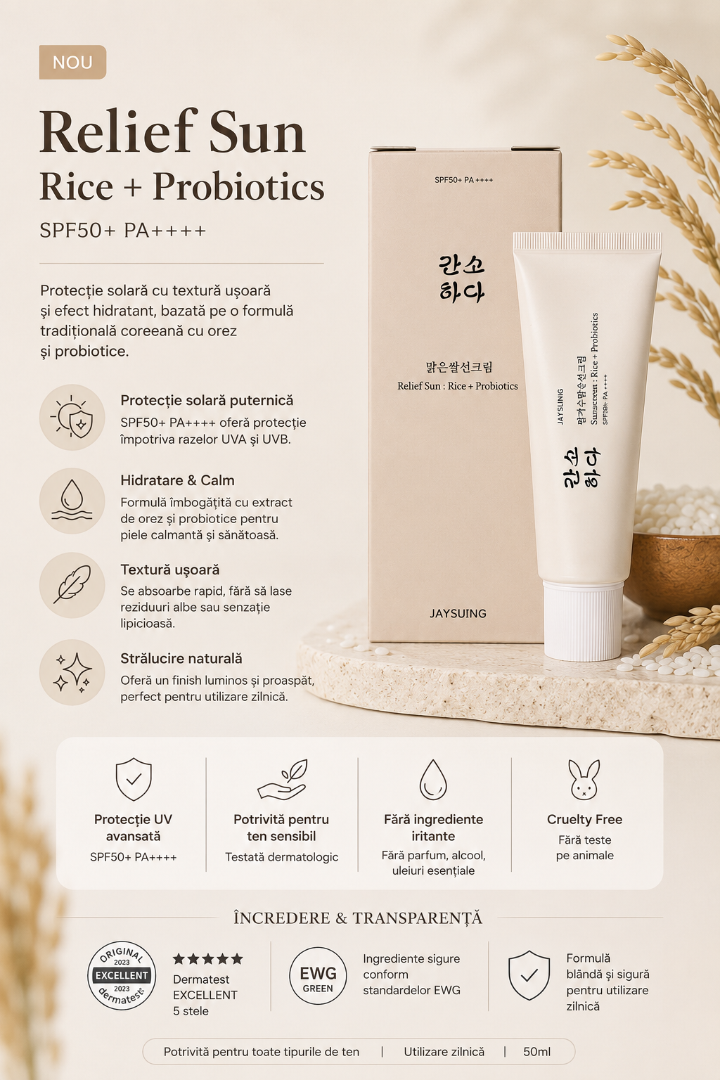 Cremă Coreeană SPF50+ - Protecție invizibilă și Hidratare pe tot parcursul zilei!